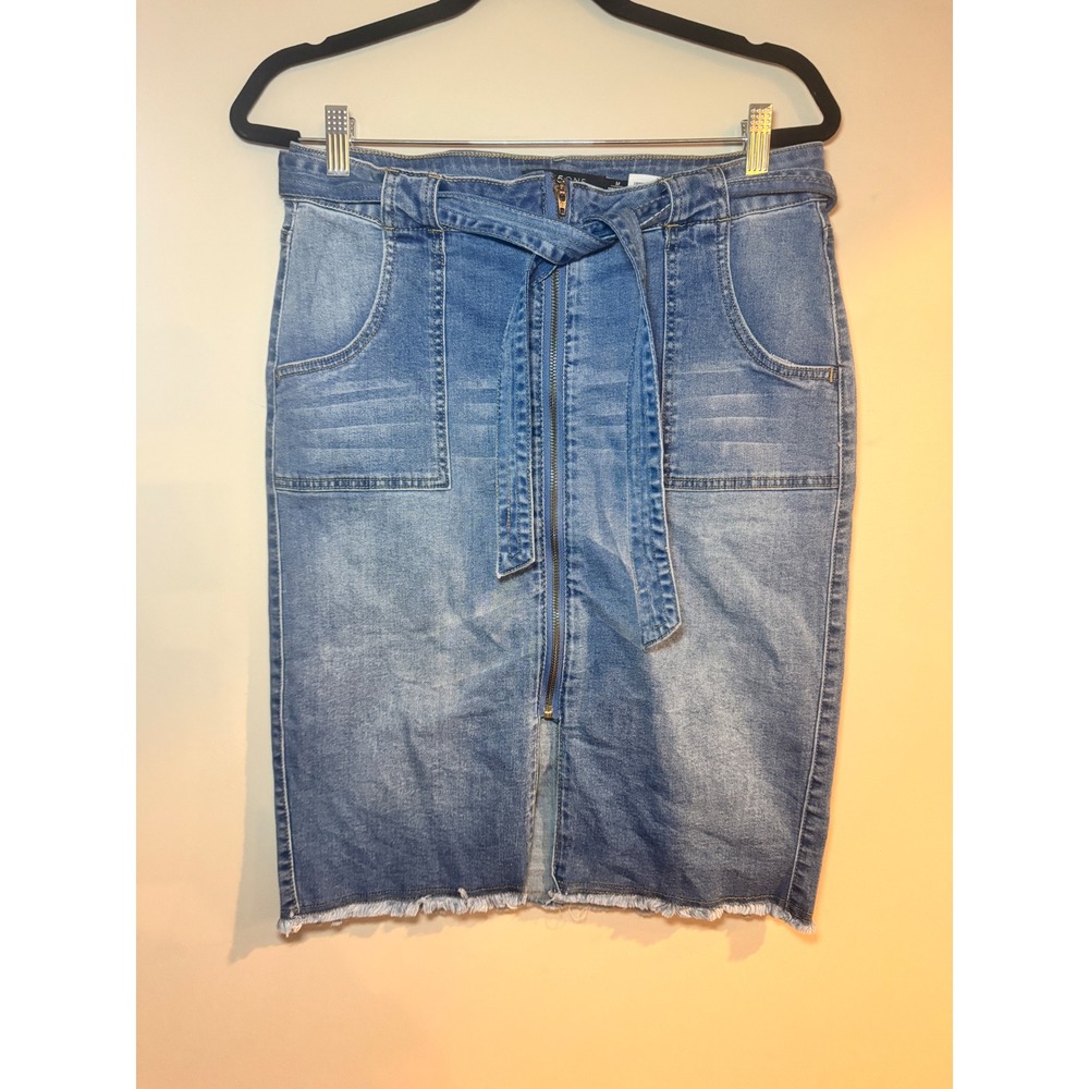 One5One Womens Denim Midi Skirt Light Wash Zip Front Tie Waist Blue Size M
